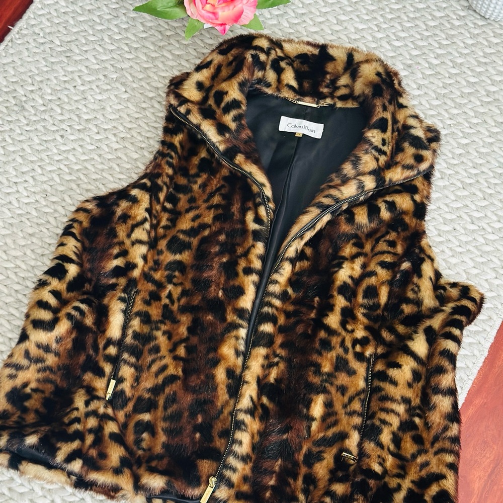 Calvin Klein Leopard Print Faux Fur Vest